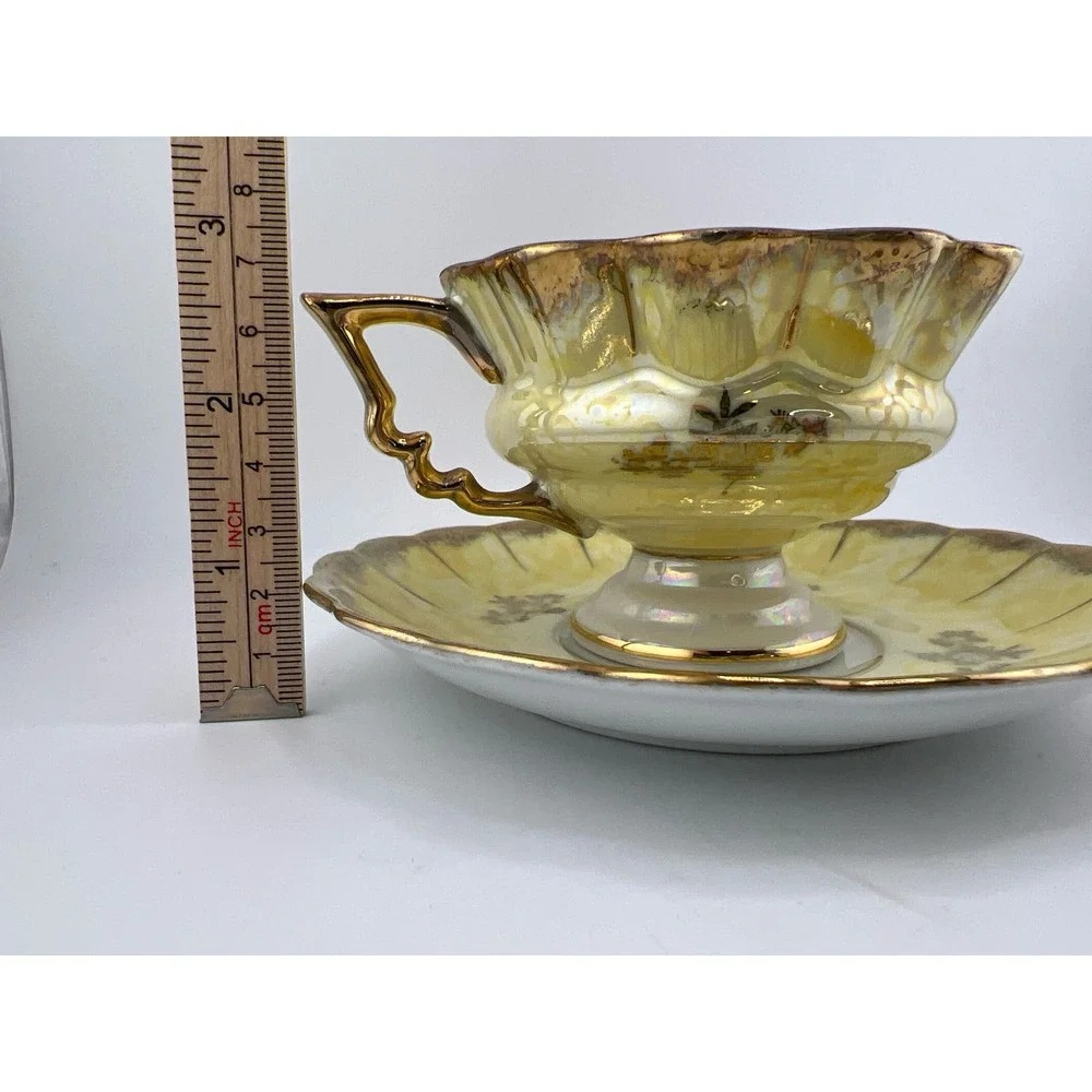 Vintage Cup Saucer Yellow Gold Hand‎ Painted Japan Fan Crest
